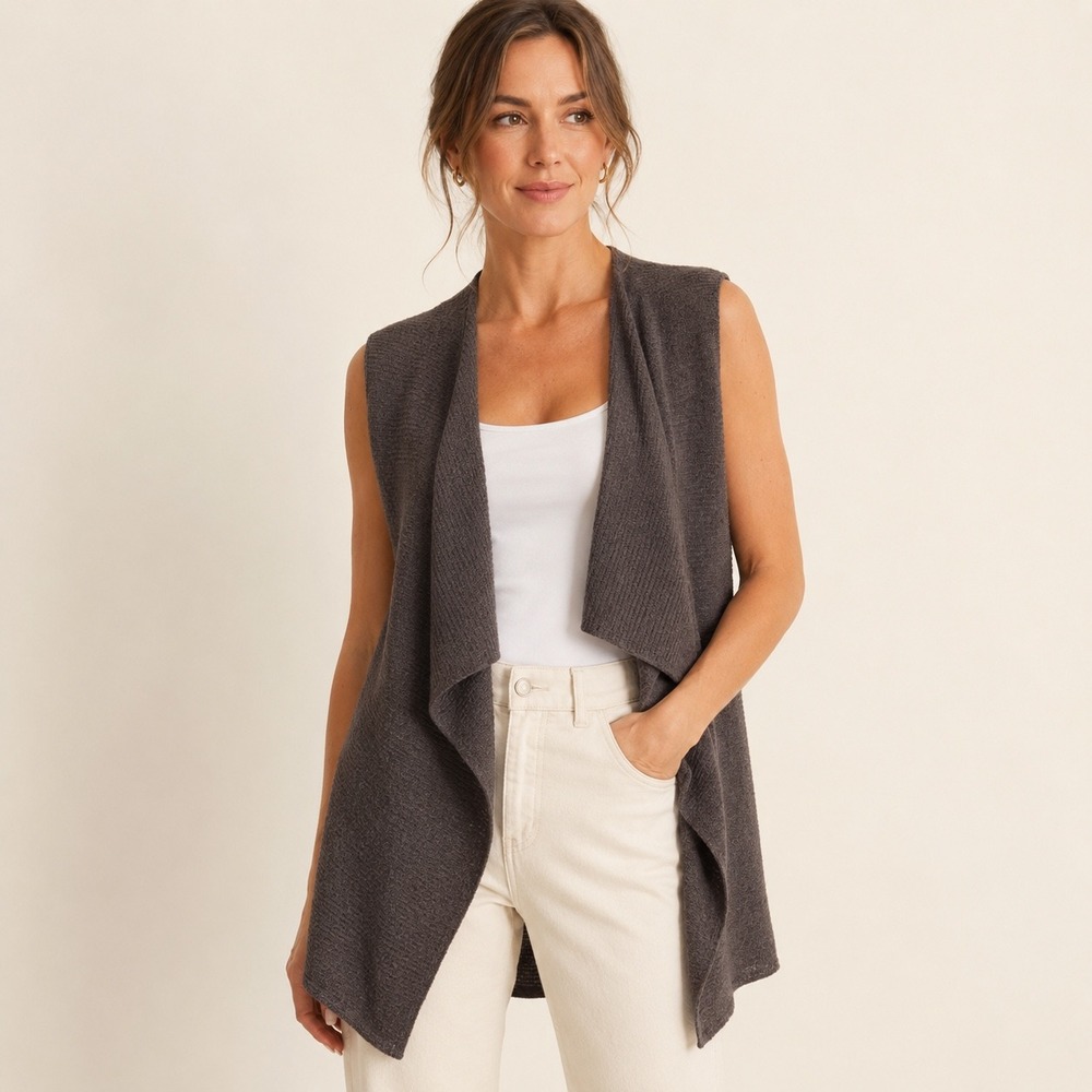 Eileen Fisher Petite PL Brown Wool Draped Open Front Knit Cardigan Vest Italian